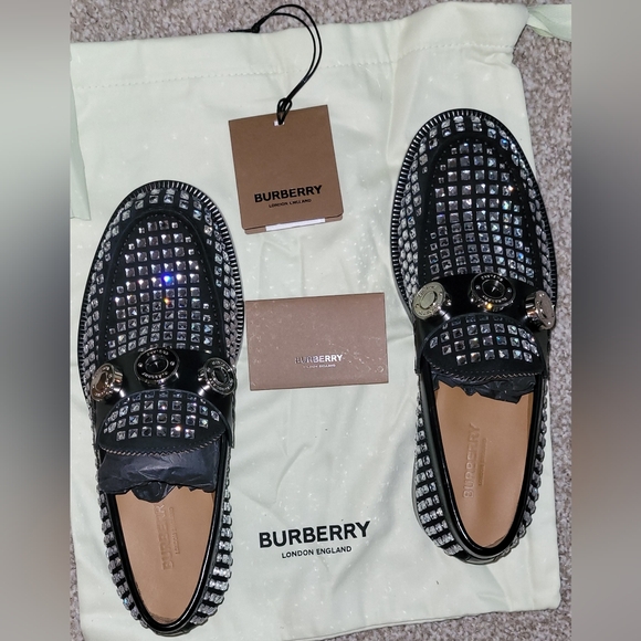 BURBERRY Logo detail crystal-embellished Black suede loafers Sz 38.5/8.5 $1795 - Picture 1 of 15